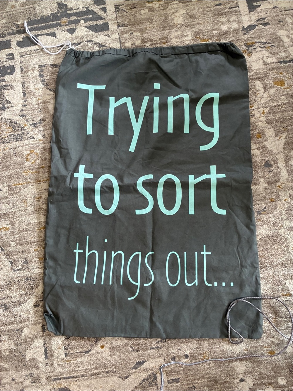 Large Black Laundry Bag with Teal Text - 'Trying to Sort'